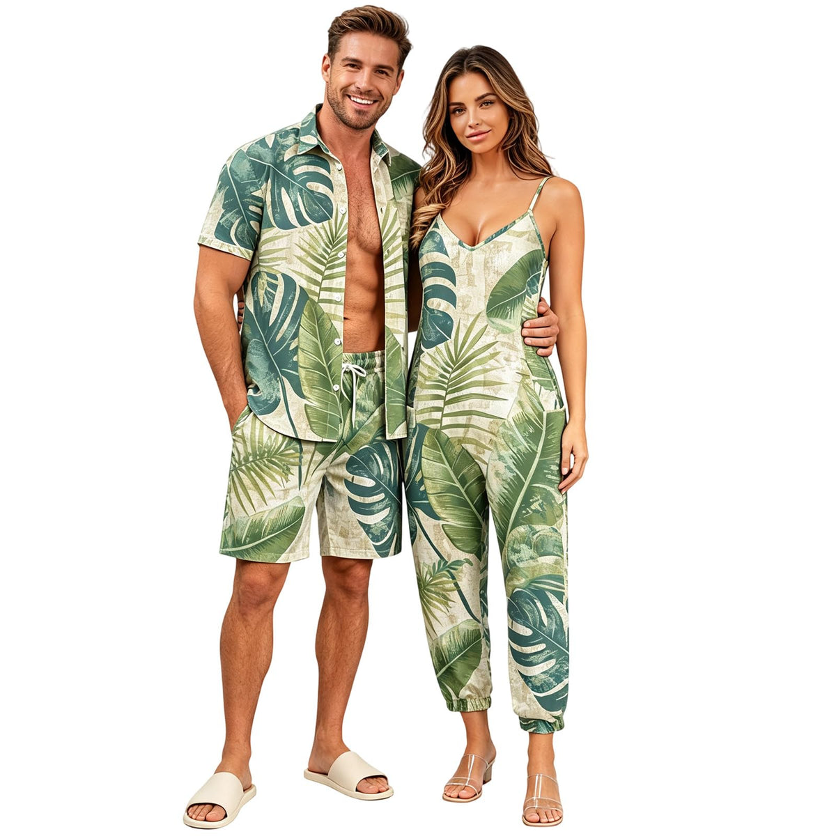 Matchable Couple Hawaiian Luau Men Shirt or Women V-Neck Jumpsuit