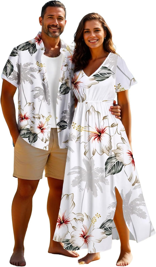 Matchable Couple Hawaiian Sea Beach Starfish Turtle Shell Print Shirt or Plus Size Midi Split A Line Dress