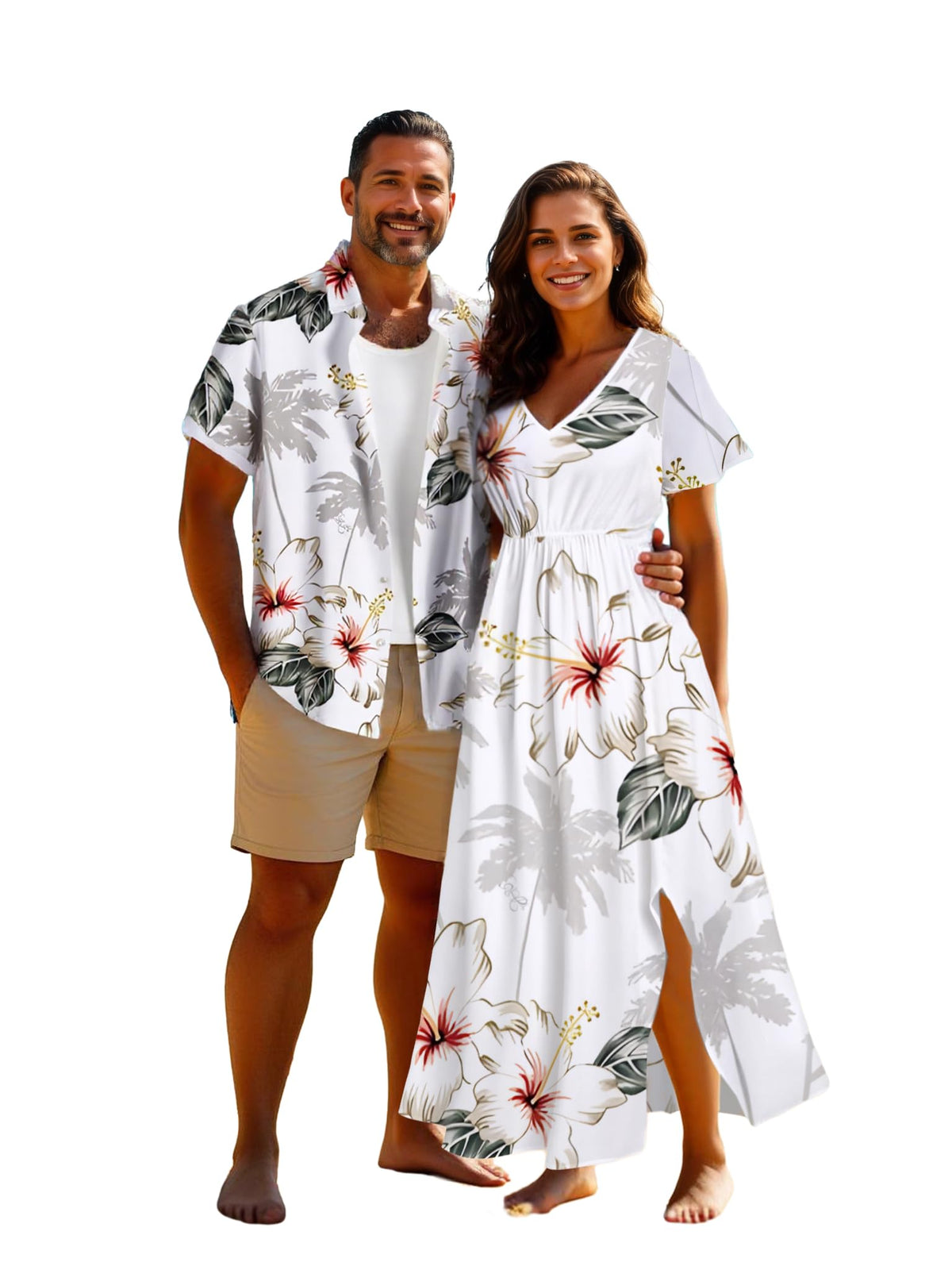 Matchable Couple Hawaiian Sea Beach Starfish Turtle Shell Print Shirt or Plus Size Midi Split A Line Dress