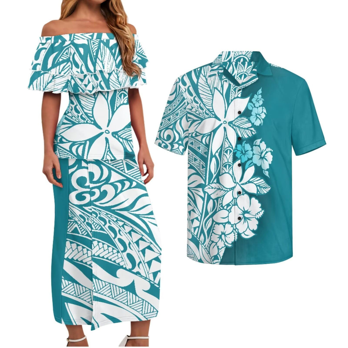 Polynesian Couples Matching Outfits Short Sleeve Puletsai Samoan Traditional Dress & Man Shirts