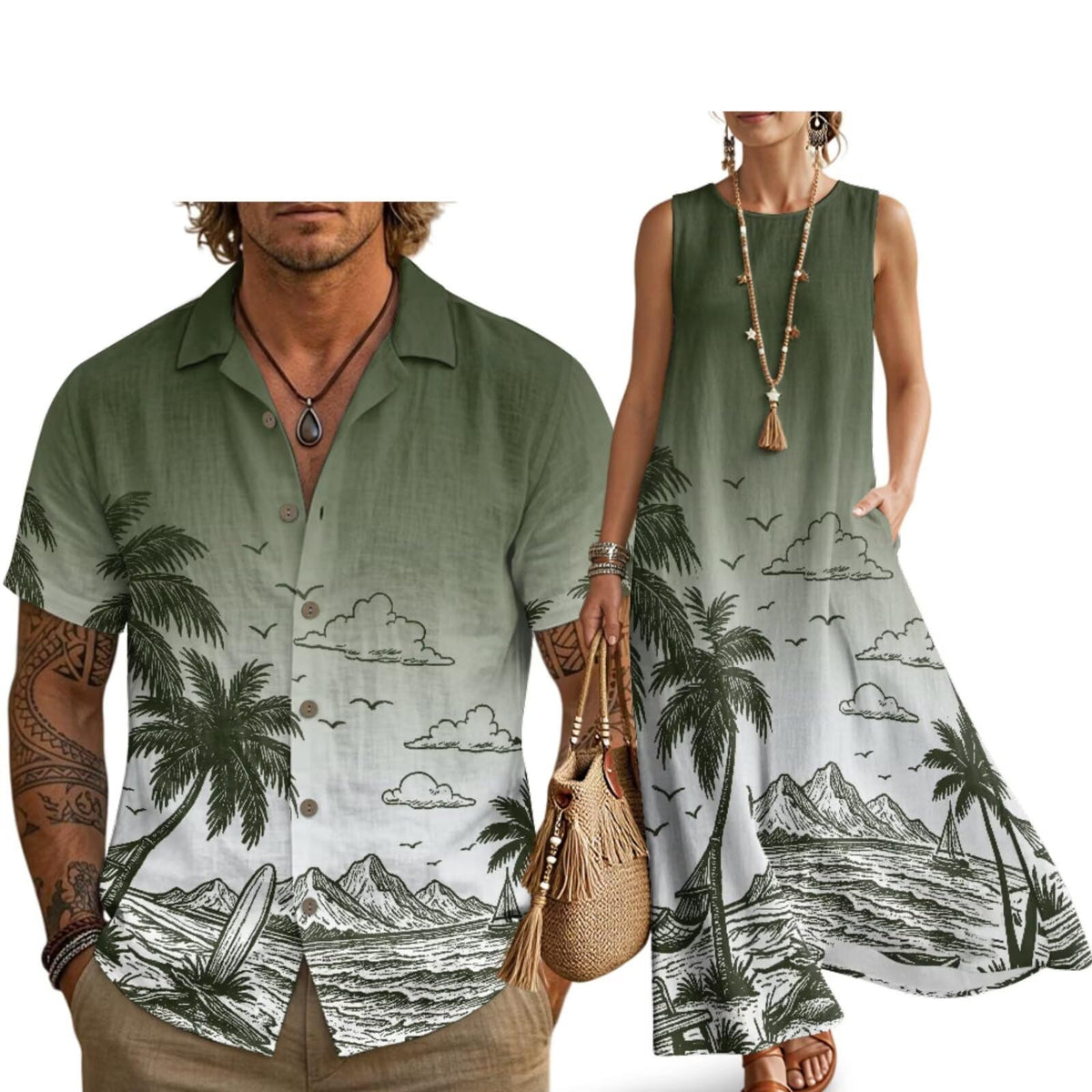 Husband and Wife Clothes Linen Casual Shirt for Men Maxi Dress for Women Summer Dress Matching Vacation Clothes
