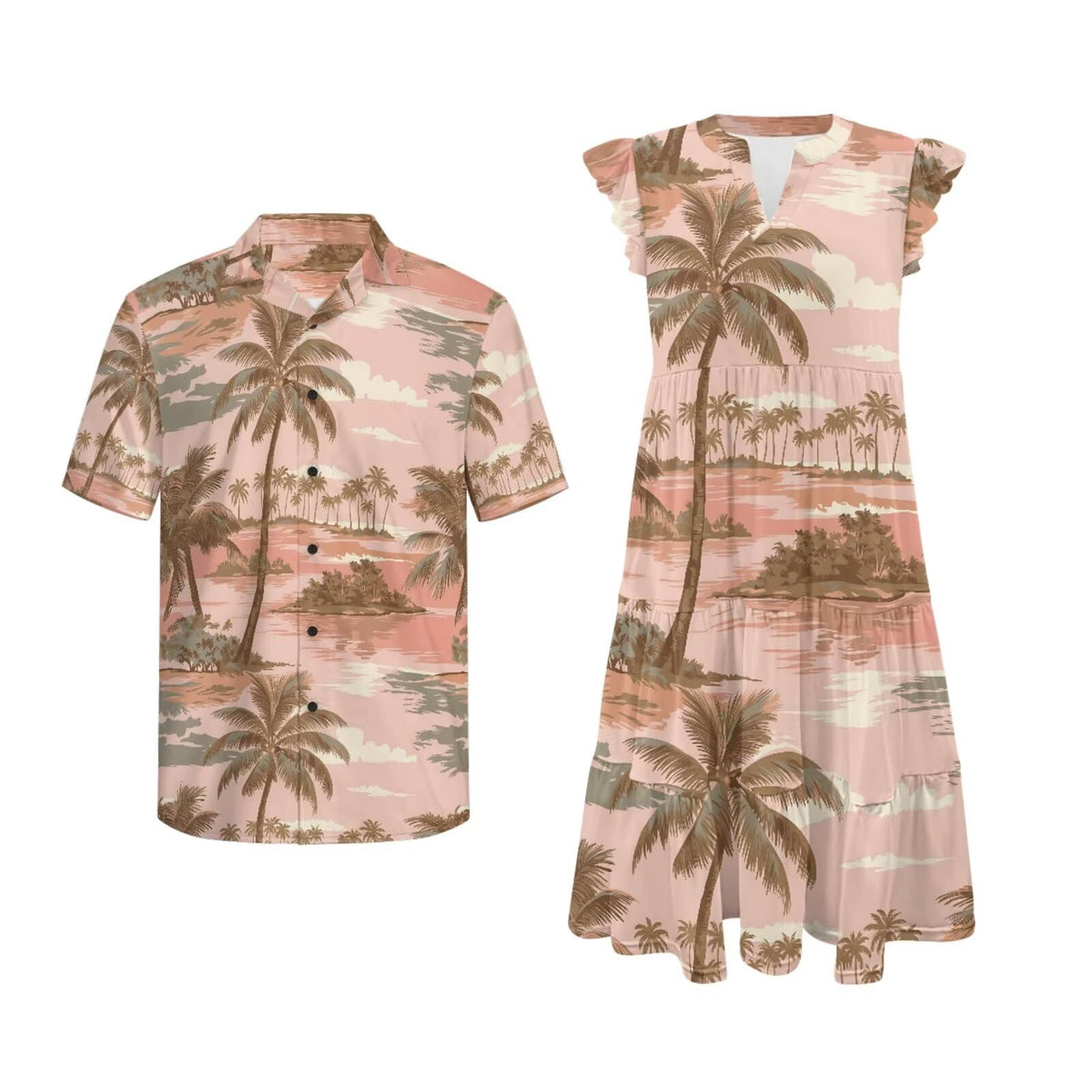 His and Hers Matching Hawaiian Outfits Mens Button Down Shirt Flowy Tiered Midi Dress