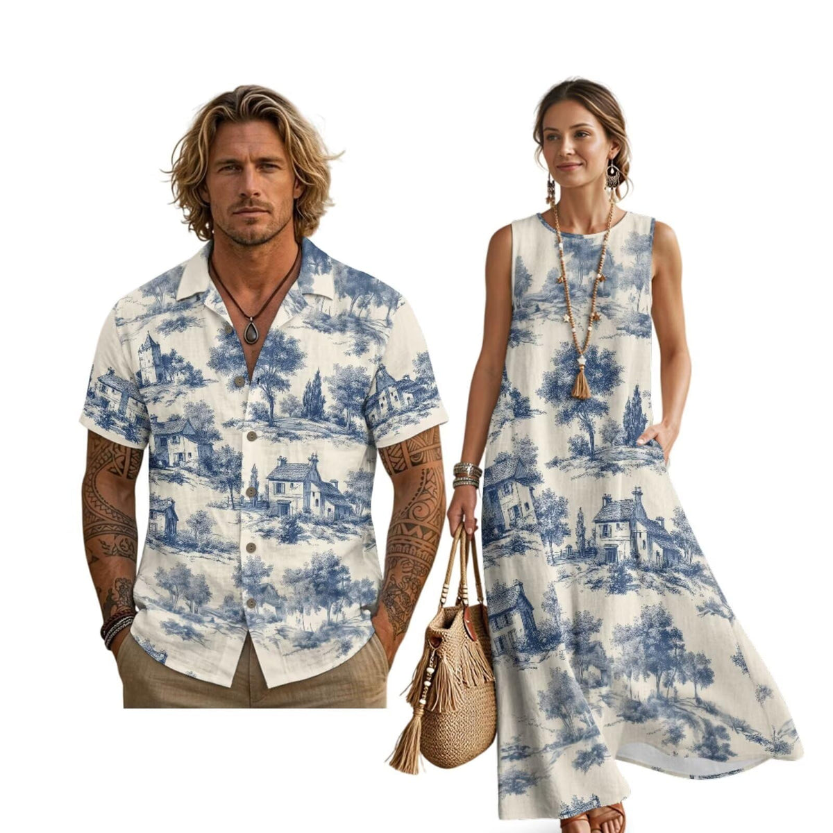 Women's Summer Dresses Sleeveless Sundresses, Men's Button Down Short Sleeve Shirts, Linen Couple Matching Outfits