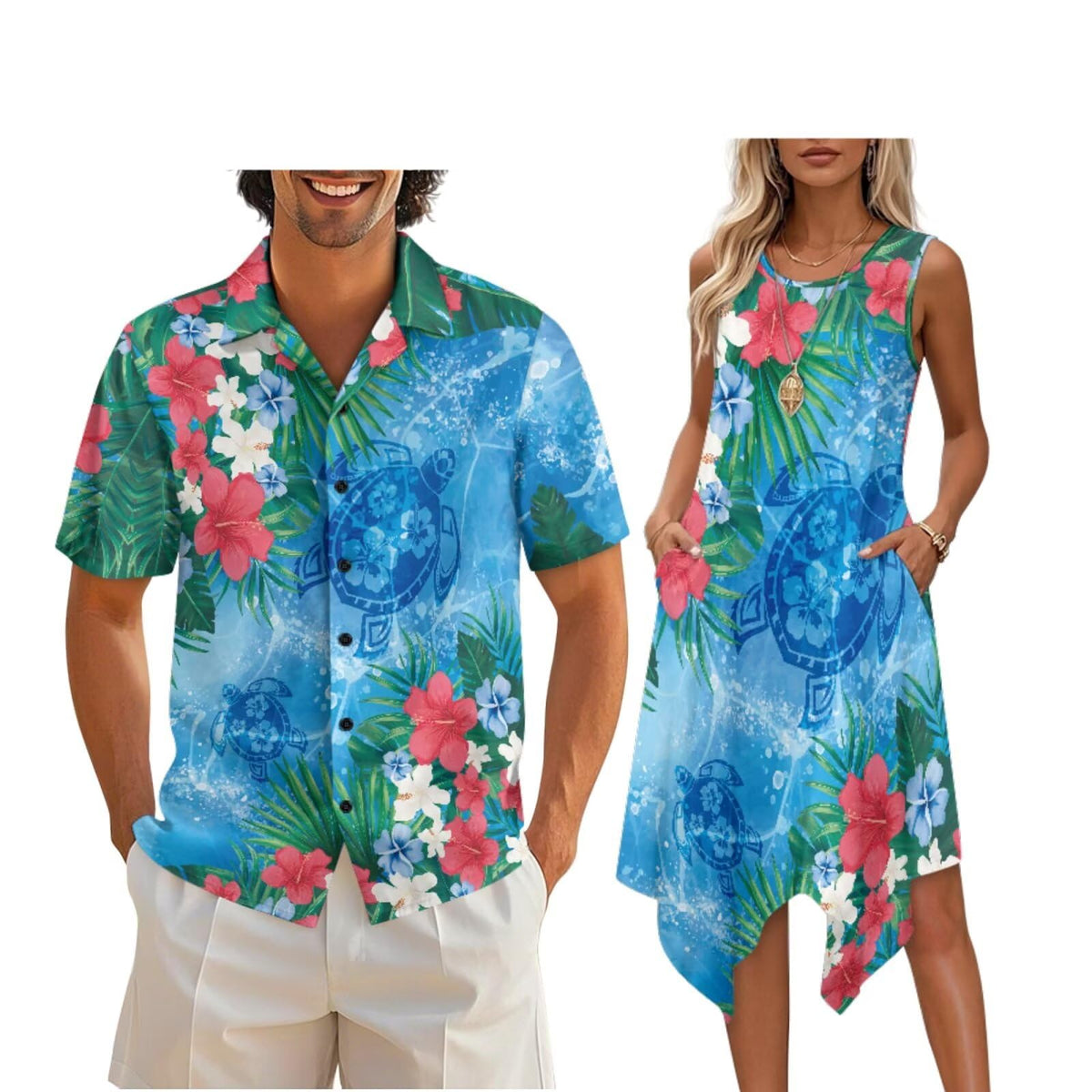 doginthehole Matching Hawaiian Outfits for Couples Men's Button Down Shirt Sleeveless Sundresses Summer Dress for Women
