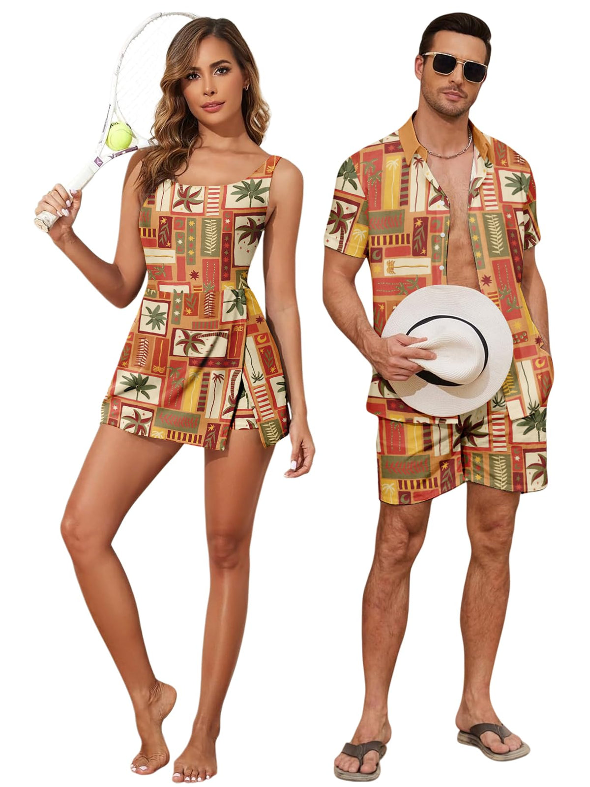 Matching Hawaiian Outfits Beach Vacation for Couples Tropical Print Women One Piece Swimwear or Men Shirt Suit