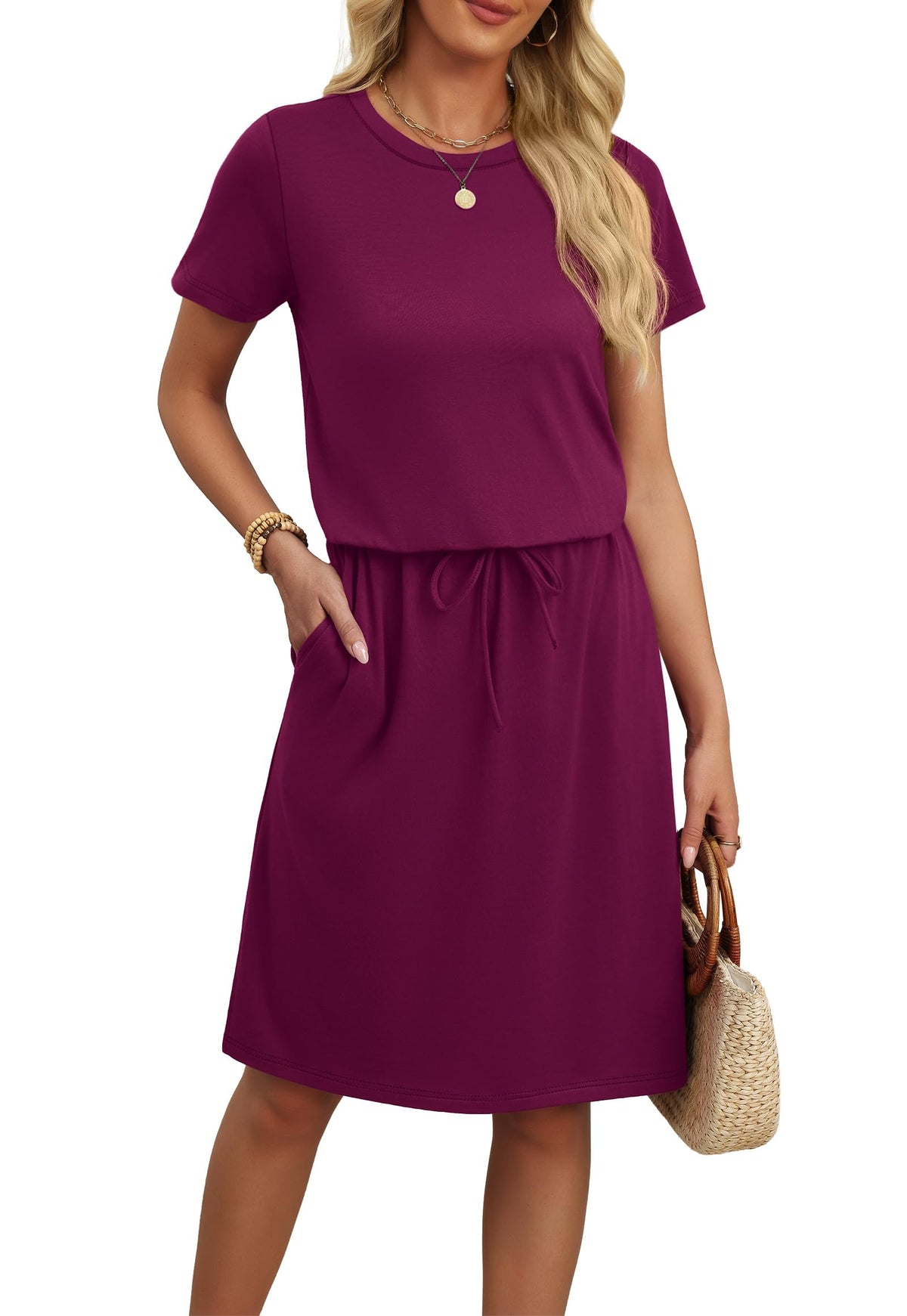 OFEEFAN Womens Summer Dresses Fashion Short Sleeve Crew Neck T Shirt Sundresses Casual Tie Waist with Pockets