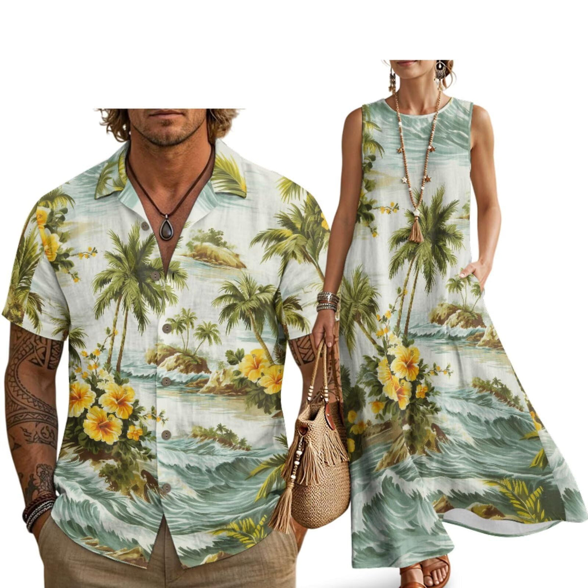 Husband and Wife Clothes Linen Casual Shirt for Men Maxi Dress for Women Summer Dress Matching Vacation Clothes