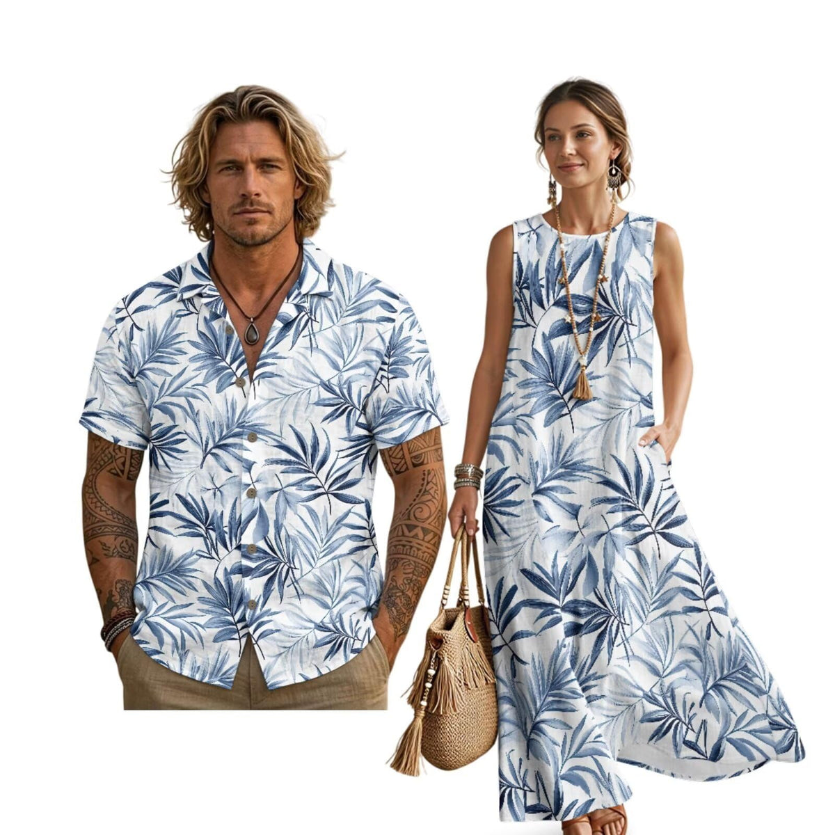 Women's Summer Dresses Sleeveless Sundresses, Men's Button Down Short Sleeve Shirts, Linen Couple Matching Outfits