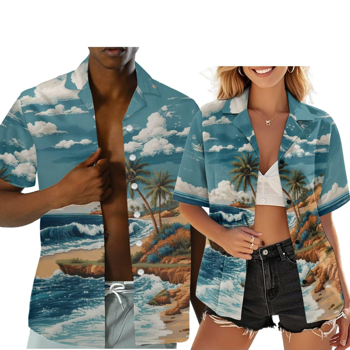 Hawaiian Couples Matching Shirt for Men Women Hawaii Outfit for Husband and Wife Beach Vacation Button Down Shirt