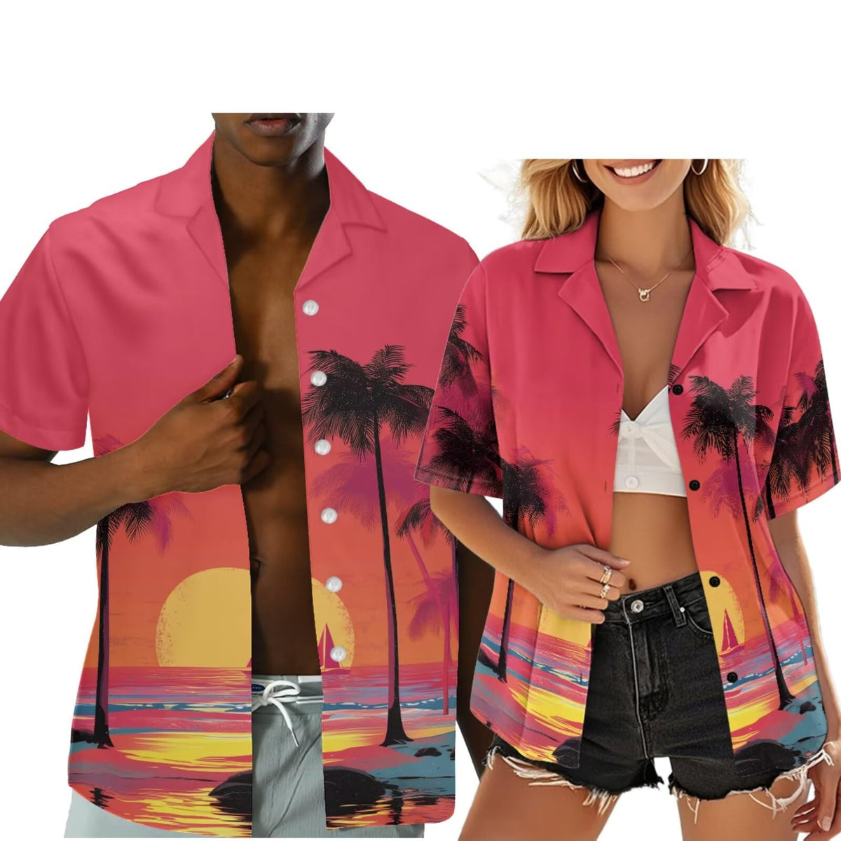 Hawaiian Couples Matching Shirt for Men Women Hawaii Outfit for Husband and Wife Beach Vacation Button Down Shirt