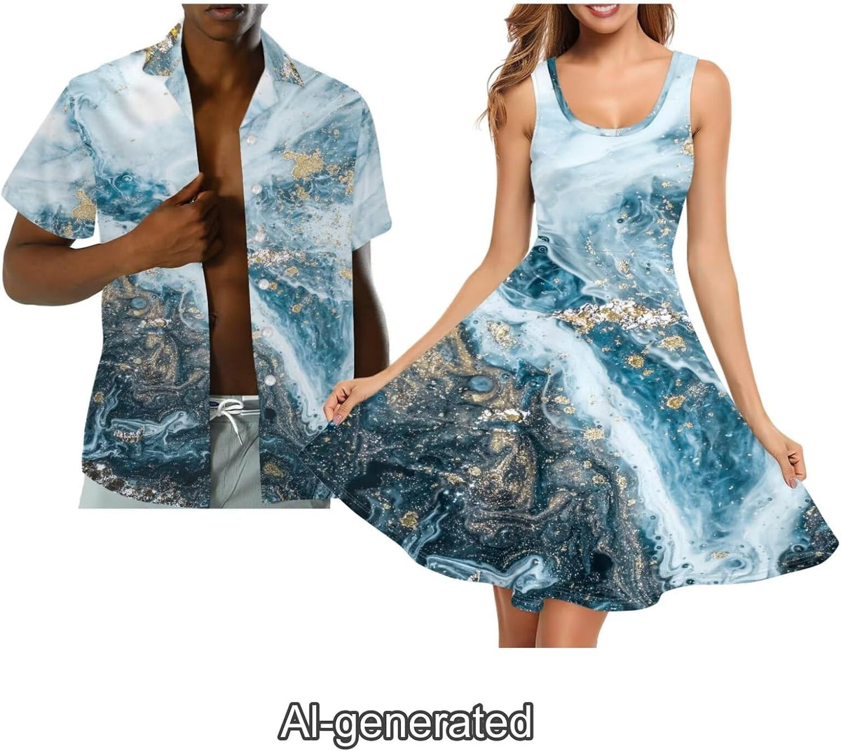 Dreaweet Summer Dresses for Women A-Line Sleeveless Flowy Sun Dresses,Men's Casual Button-Down Shirts,Couple Matching Outfits