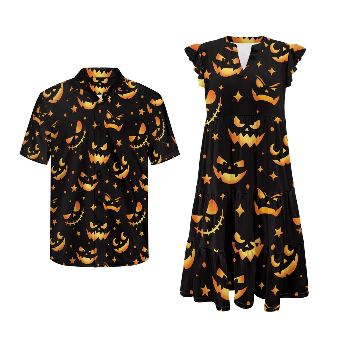His and Hers Matching Hawaiian Outfits Mens Button Down Shirt Flowy Tiered Midi Dress