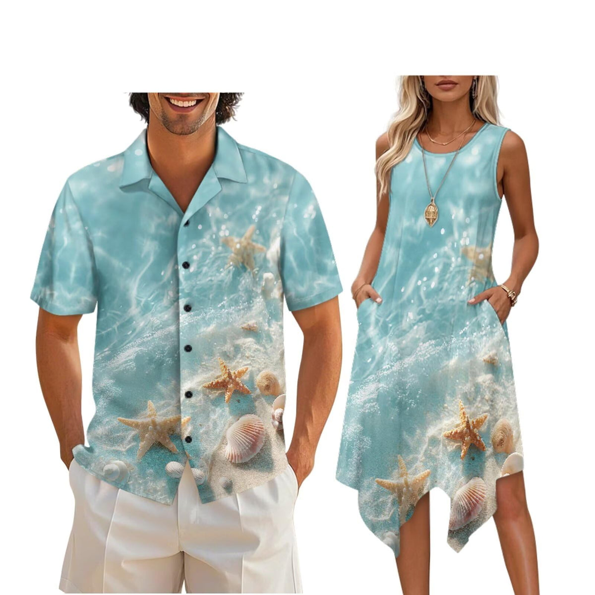 doginthehole Matching Hawaiian Outfits for Couples Men's Button Down Shirt Sleeveless Sundresses Summer Dress for Women