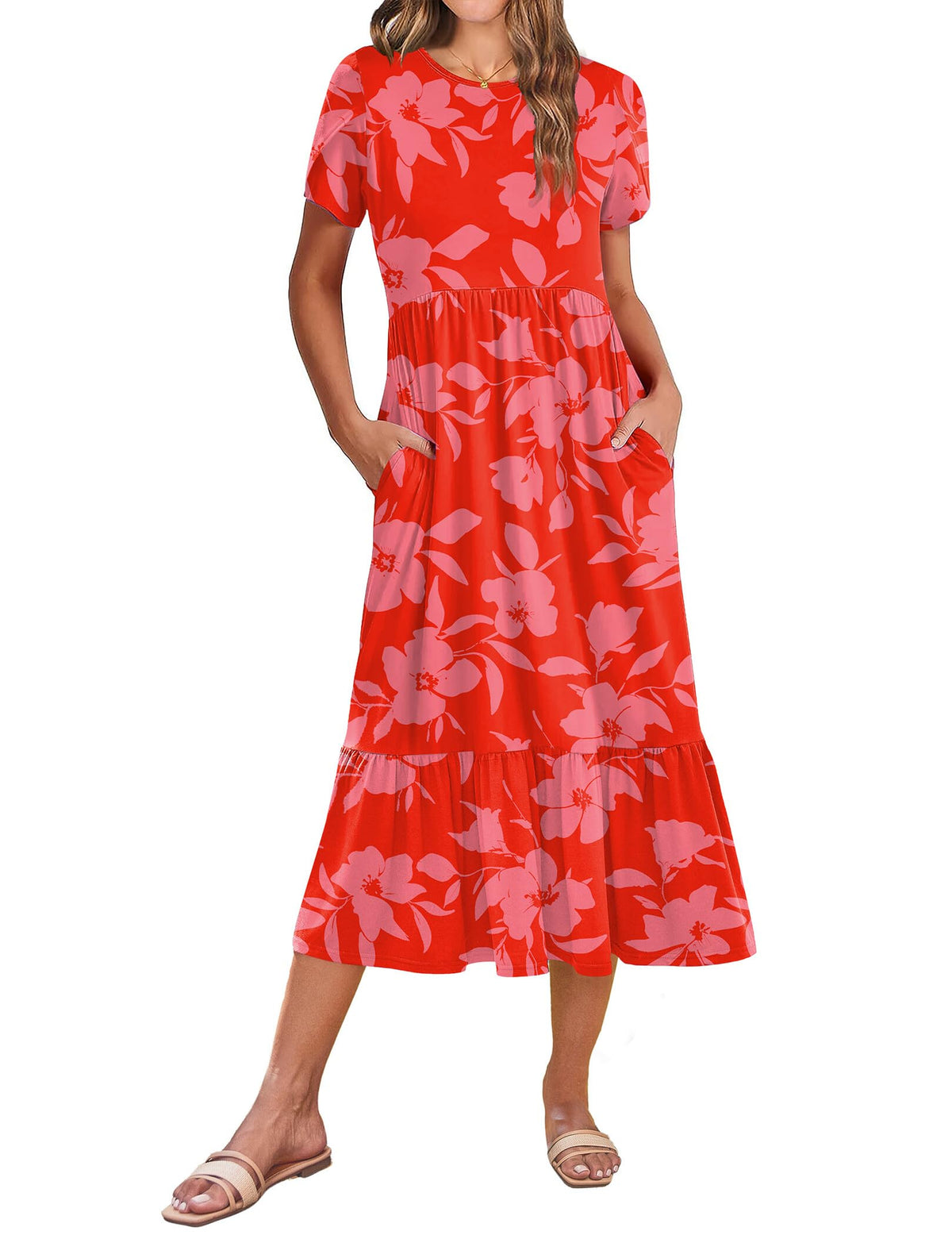 Zeagoo Women Summer Midi A Line Dress Short Sleeve Casual Flowy Tiered Beach Long Sundress with Pockets 2026 Vacation Travel