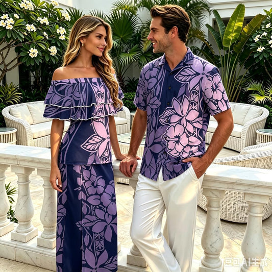 Polynesian Couples Matching Outfits Short Sleeve Puletsai Samoan Traditional Dress & Man Shirts