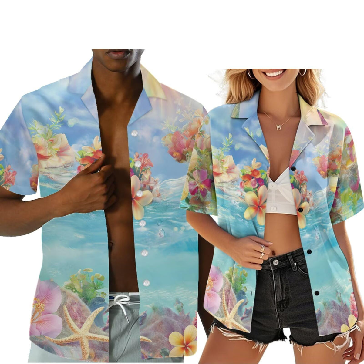 Hawaiian Couples Matching Shirt for Men Women Hawaii Outfit for Husband and Wife Beach Vacation Button Down Shirt