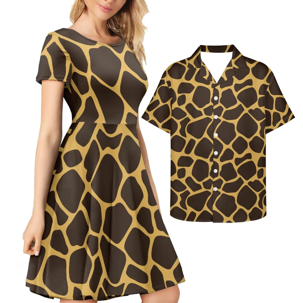 AmzPrint Couple Christmas Shirt and Dress Womens Elegant Short Sleeve Round Neck Cocktail Party Green Xmas Swing Dress