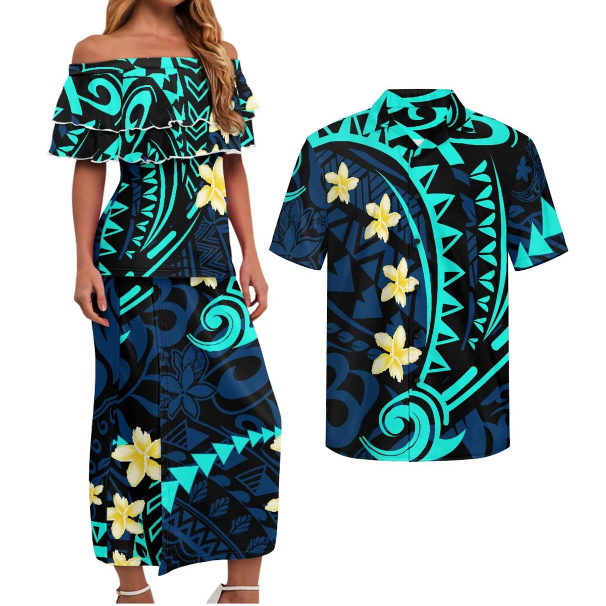 Polynesian Couples Matching Outfits Short Sleeve Puletsai Samoan Traditional Dress & Man Shirts