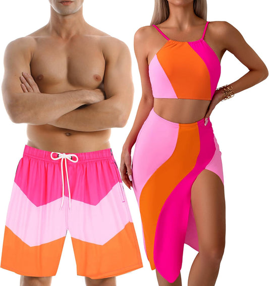 Colorblock Couples Matching Swimsuit His and Hers, Women Swimsuit 3 Piece Set with Skirt, Men Swimtrunks with Lining