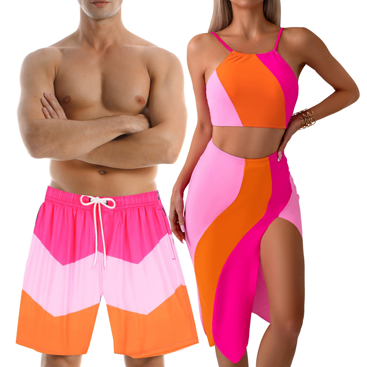 Colorblock Couples Matching Swimsuit His and Hers, Women Swimsuit 3 Piece Set with Skirt, Men Swimtrunks with Lining