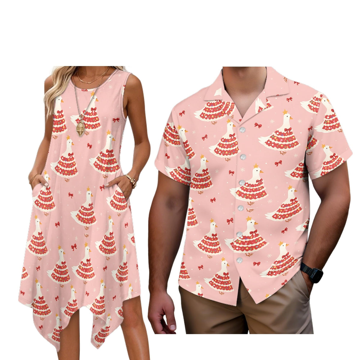 Matching Hawaiian Outfits for Couples Womens Asymmetrical Midi Dress Mens Beach Shirts Short Sleeve Button Up Shirt