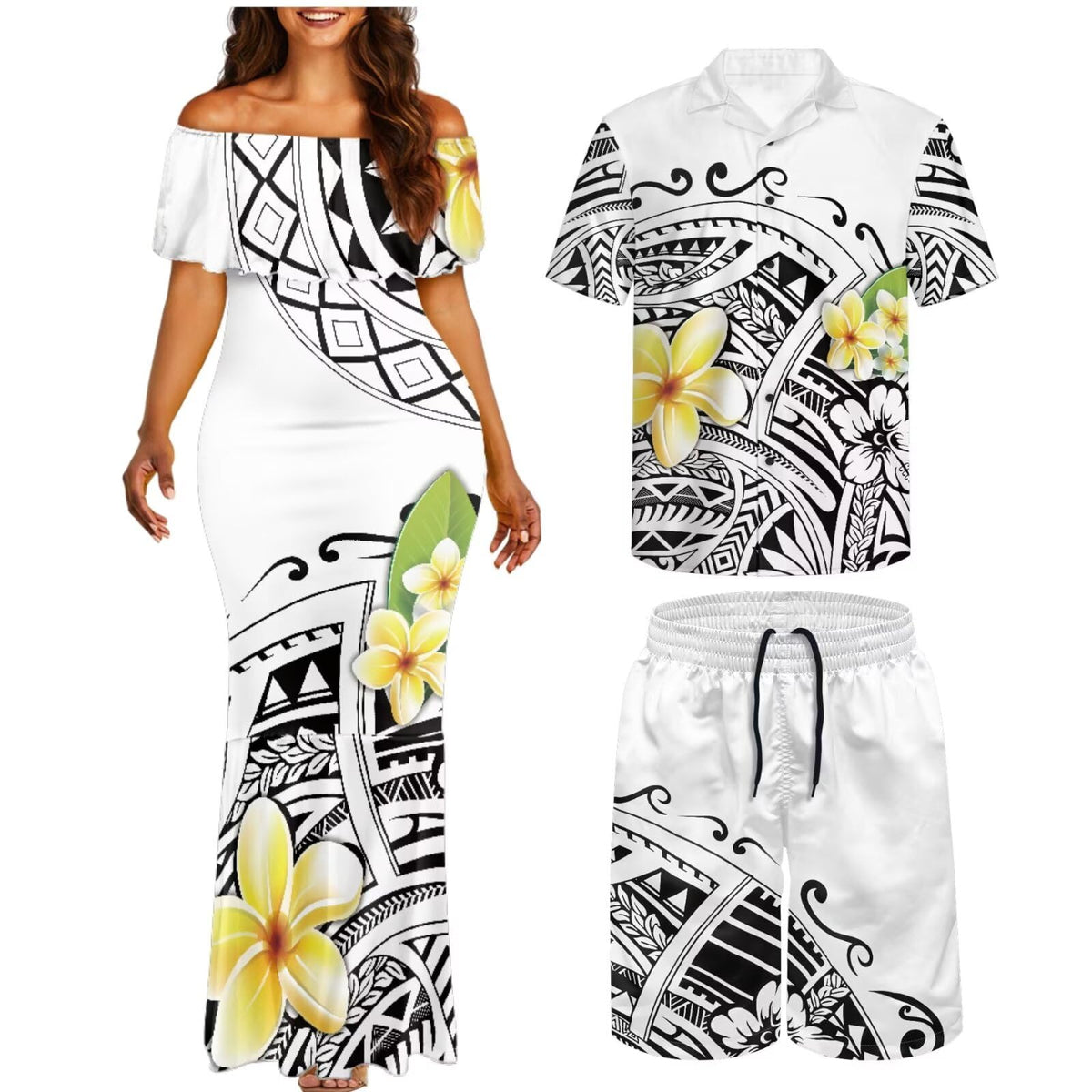 Matchable Couple Hawaiian Polynesian Puletasi Samoa Womens Dress with Mens Shirt and Mens Shorts Couple Set