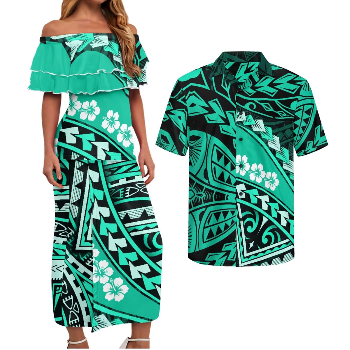 Polynesian Couples Matching Outfits Short Sleeve Puletsai Samoan Traditional Dress & Man Shirts
