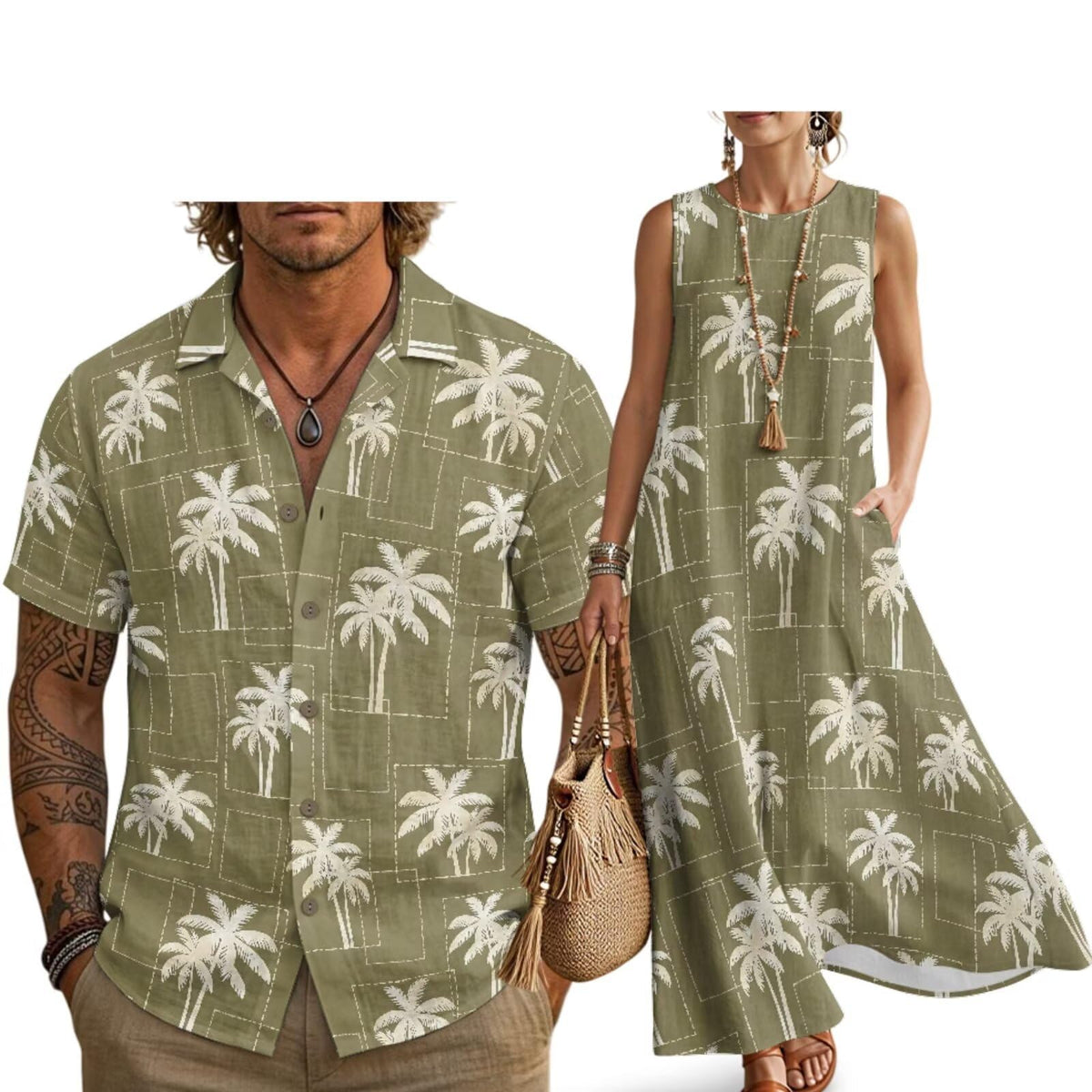 Husband and Wife Clothes Linen Casual Shirt for Men Maxi Dress for Women Summer Dress Matching Vacation Clothes