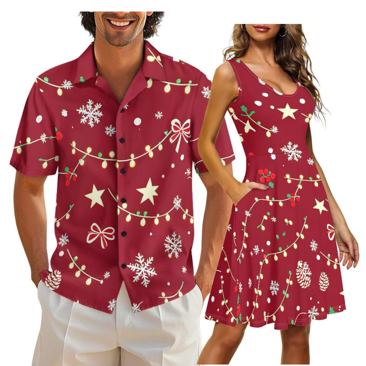 Gomyblomy Matching Hawaiian Outfits for Couples Vacation Tropical Floral Women Dress Mens Shirts His and Hers Clothing