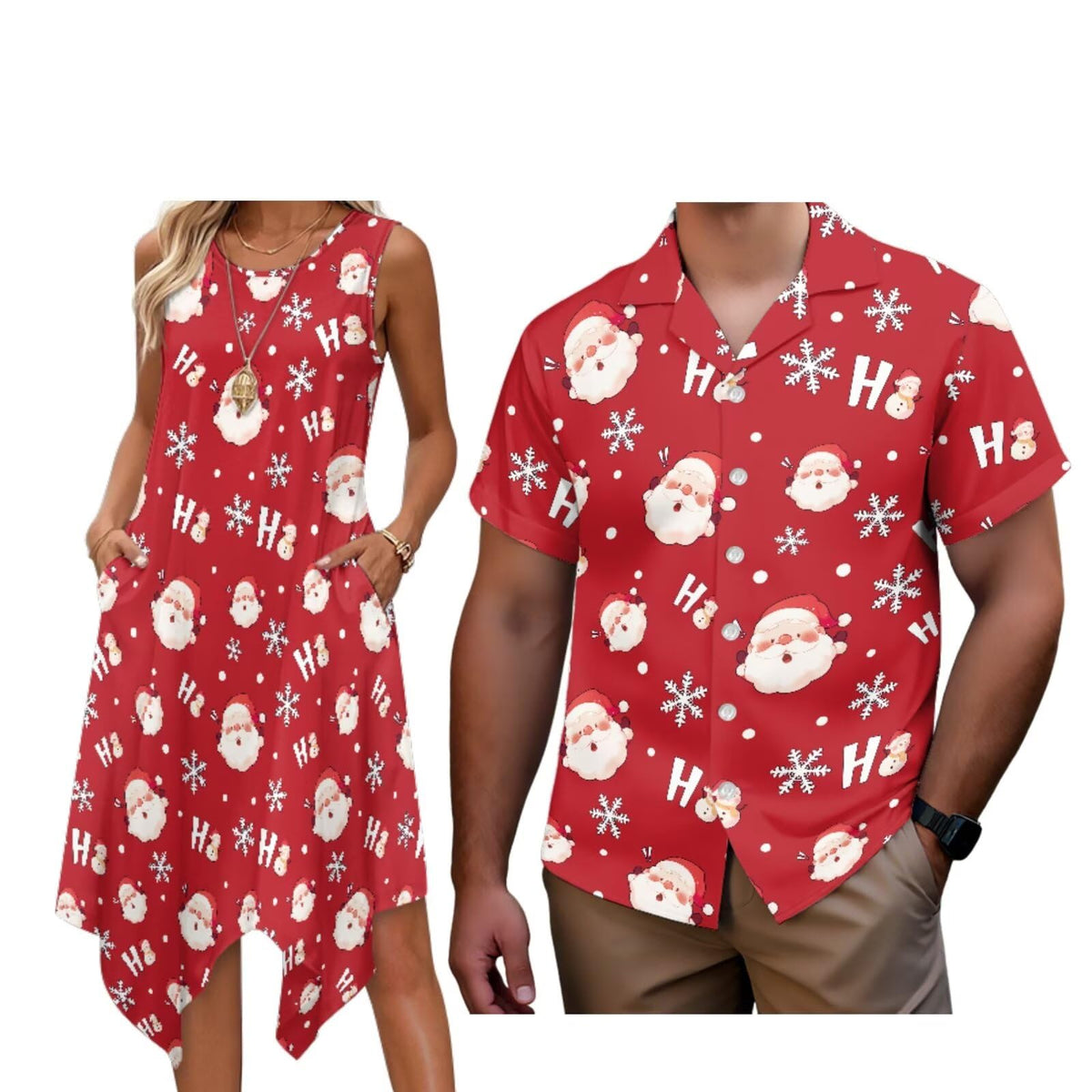 Matching Hawaiian Outfits for Couples Womens Asymmetrical Midi Dress Mens Beach Shirts Short Sleeve Button Up Shirt