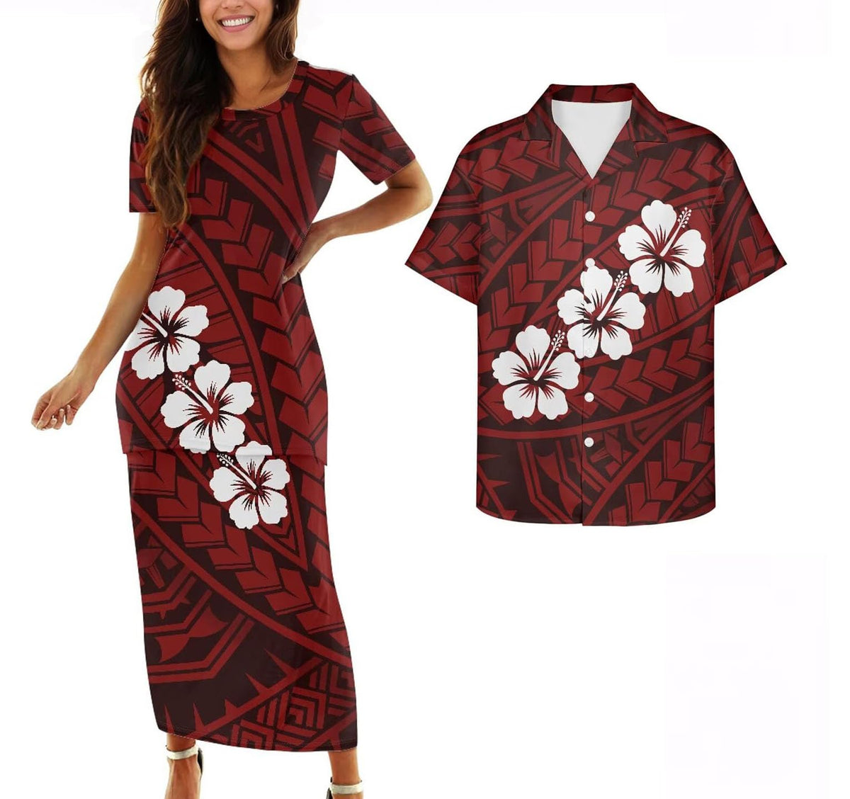 Samoa Couple Outfit Polynesian Dress for Women Traditional Puletasi Shirts for Men Beach Lava Lava Luau