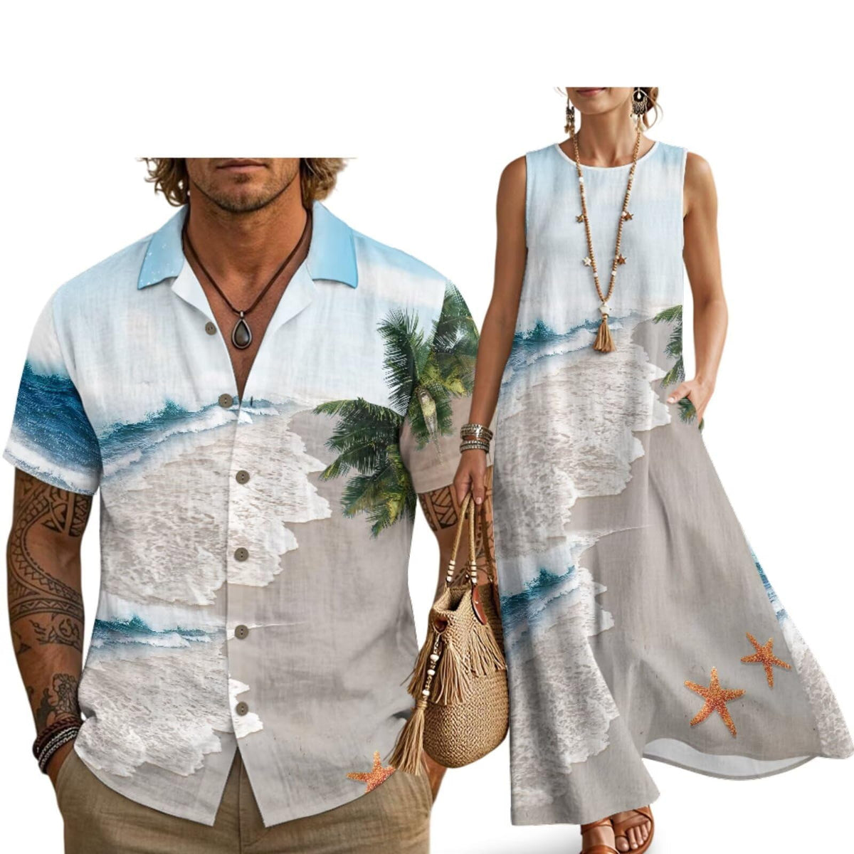 Husband and Wife Clothes Linen Casual Shirt for Men Maxi Dress for Women Summer Dress Matching Vacation Clothes