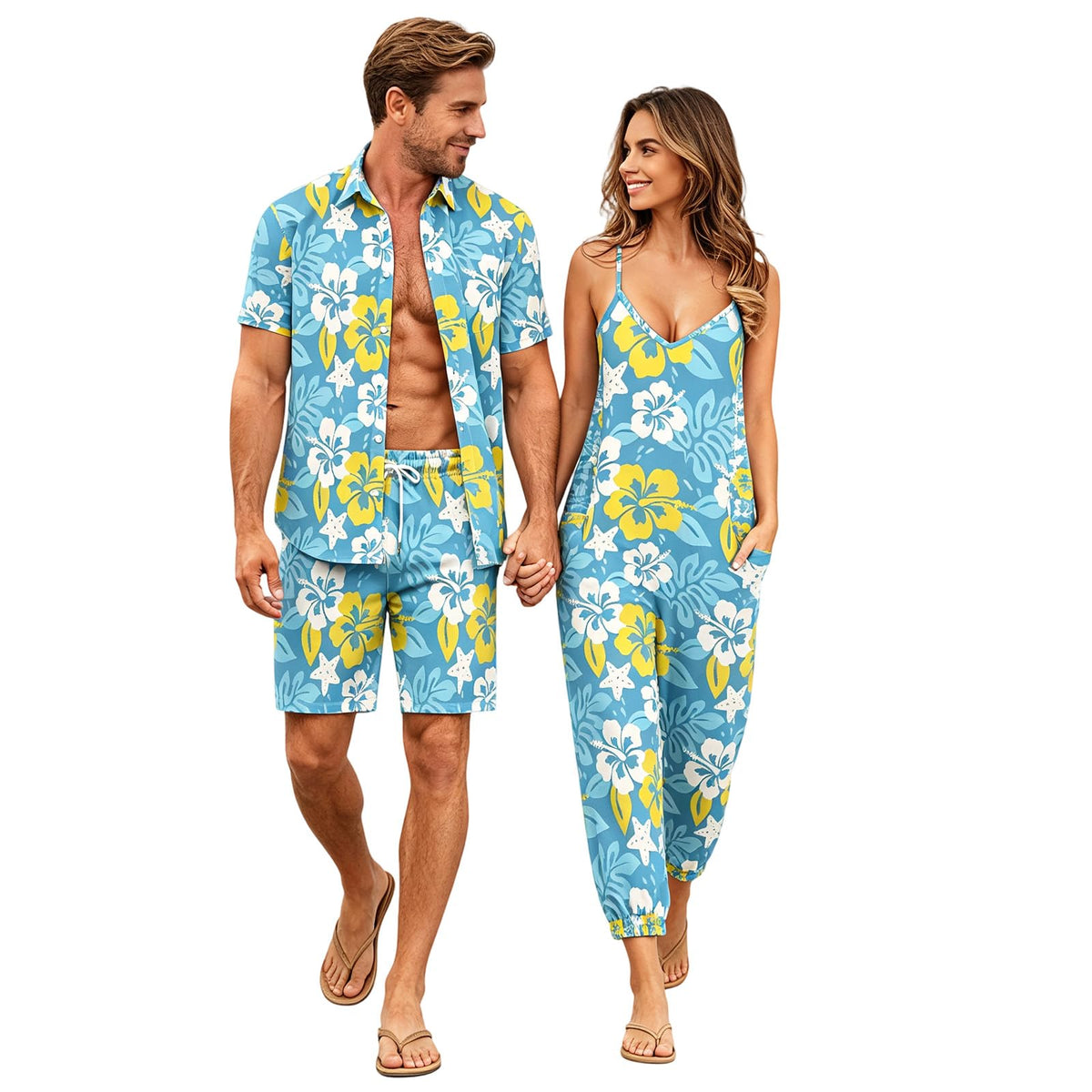 Matchable Couple Hawaiian Luau Men Shirt or Women V-Neck Jumpsuit