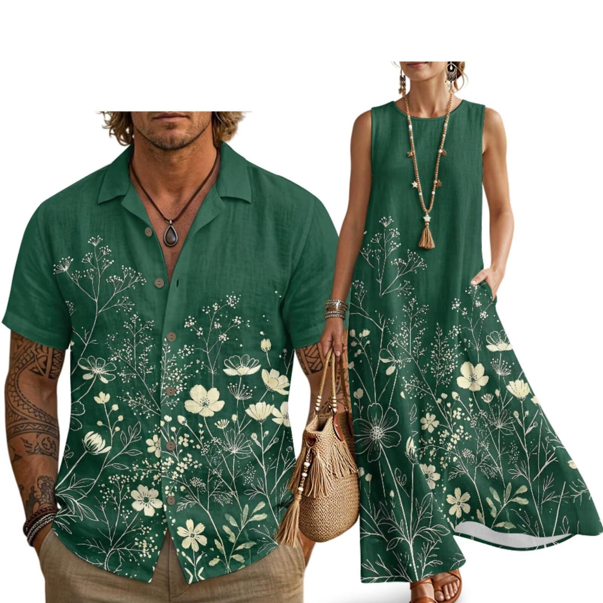 Husband and Wife Clothes Linen Casual Shirt for Men Maxi Dress for Women Summer Dress Matching Vacation Clothes