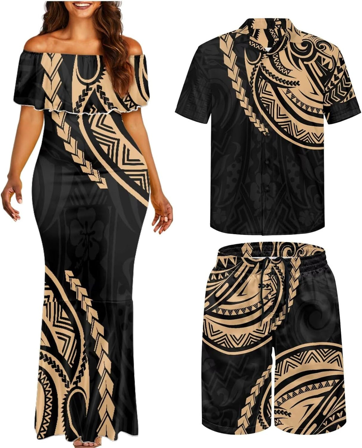 Matchable Couple Hawaiian Polynesian Puletasi Samoa Womens Dress with Mens Shirt and Mens Shorts Couple Set