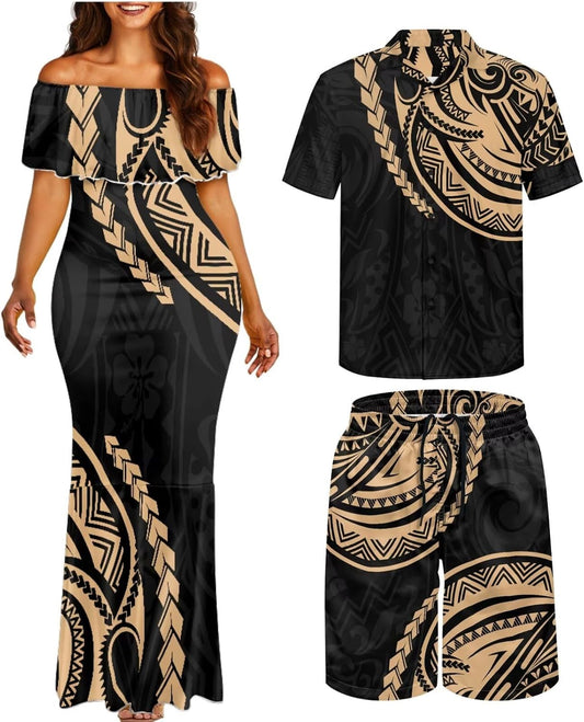 Matchable Couple Hawaiian Polynesian Puletasi Samoa Womens Dress with Mens Shirt and Mens Shorts Couple Set