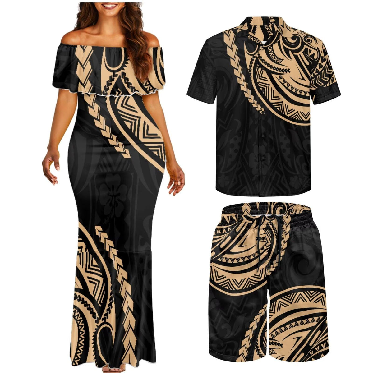 Matchable Couple Hawaiian Polynesian Puletasi Samoa Womens Dress with Mens Shirt and Mens Shorts Couple Set