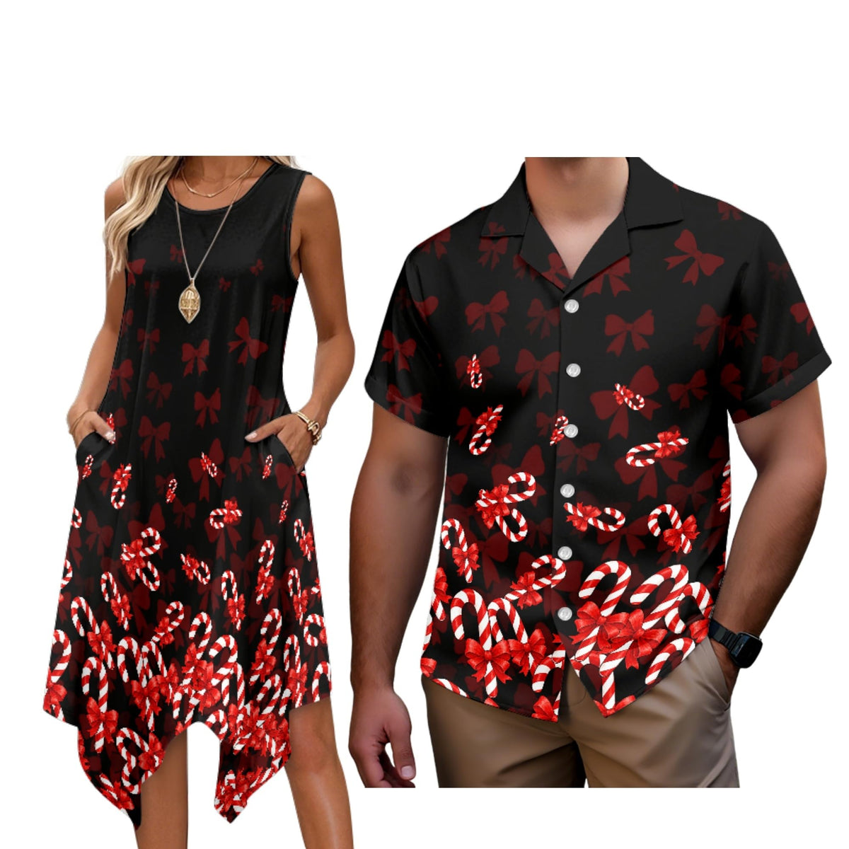 Matching Hawaiian Outfits for Couples Womens Asymmetrical Midi Dress Mens Beach Shirts Short Sleeve Button Up Shirt