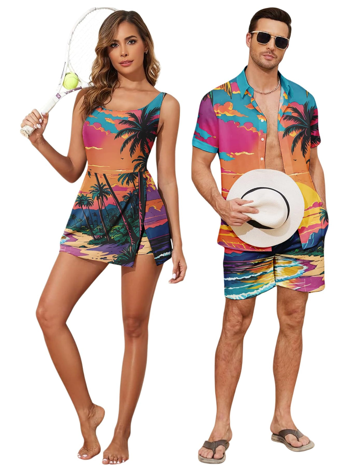 Matching Hawaiian Outfits Beach Vacation for Couples Tropical Print Women One Piece Swimwear or Men Shirt Suit