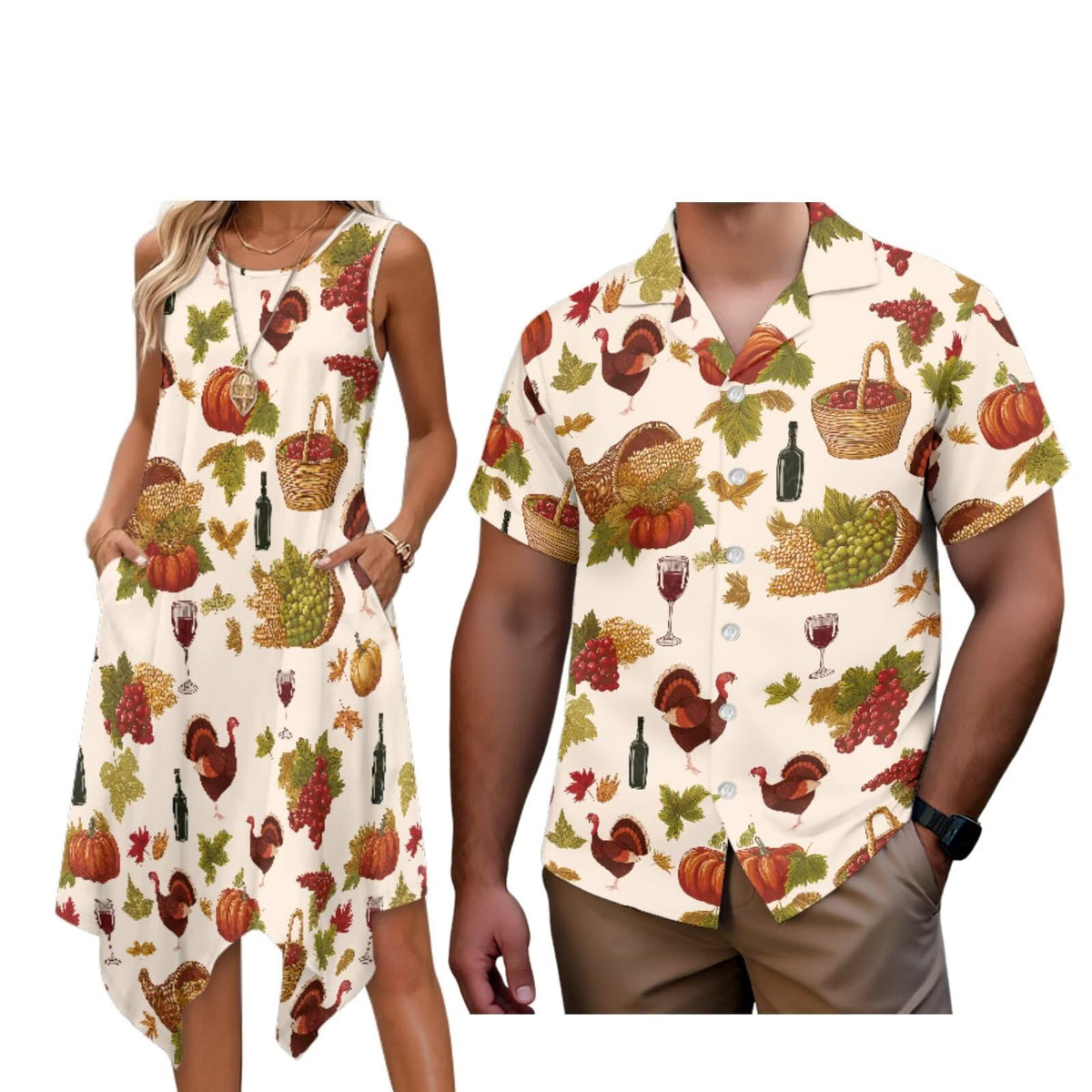 Matching Hawaiian Outfits for Couples Womens Asymmetrical Midi Dress Mens Beach Shirts Short Sleeve Button Up Shirt