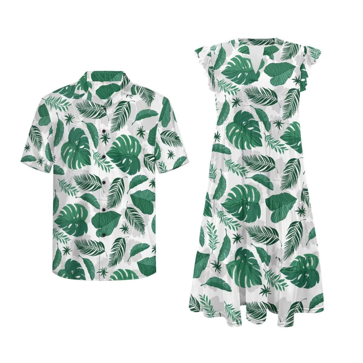 His and Hers Matching Hawaiian Outfits Mens Button Down Shirt Flowy Tiered Midi Dress