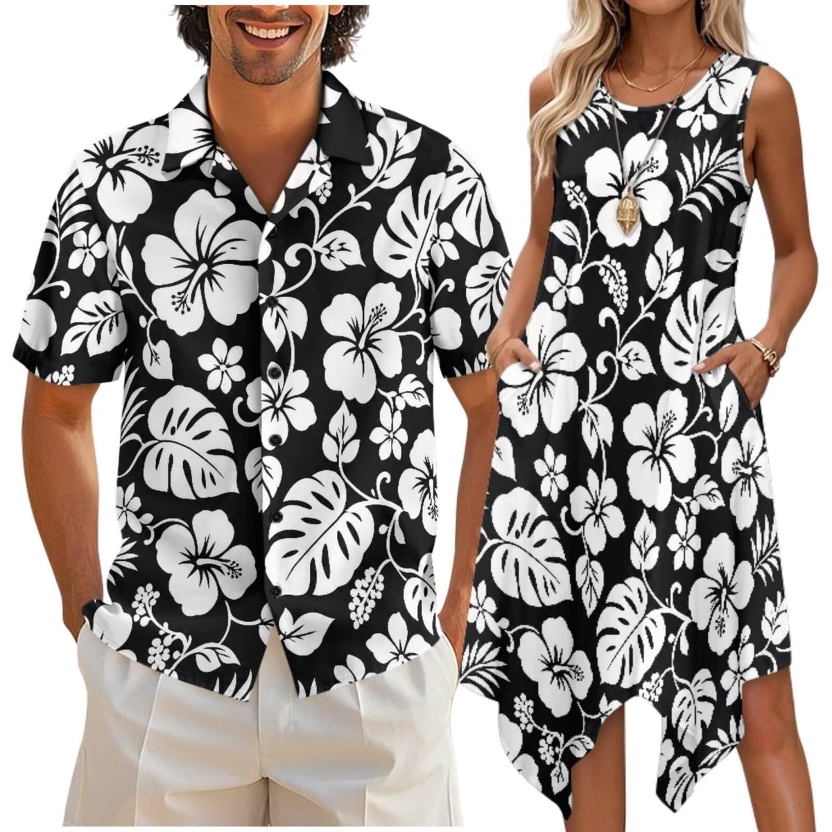 doginthehole Matching Hawaiian Outfits for Couples Men's Button Down Shirt Sleeveless Sundresses Summer Dress for Women