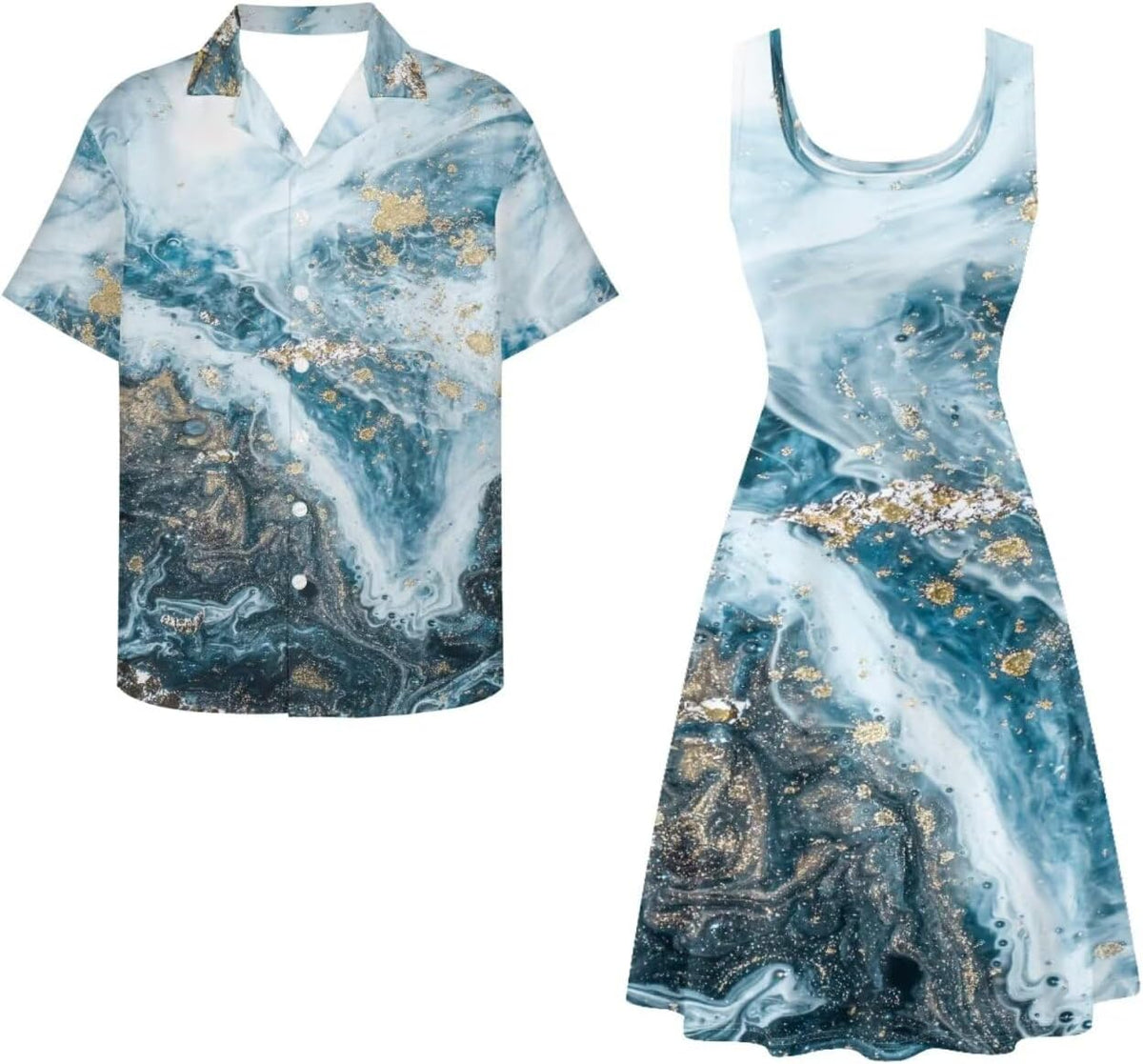 Dreaweet Summer Dresses for Women A-Line Sleeveless Flowy Sun Dresses,Men's Casual Button-Down Shirts,Couple Matching Outfits