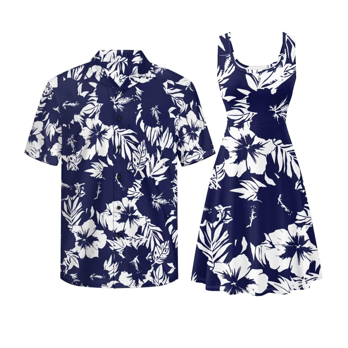 Gomyblomy Matching Hawaiian Outfits for Couples Vacation Tropical Floral Women Dress Mens Shirts His and Hers Clothing