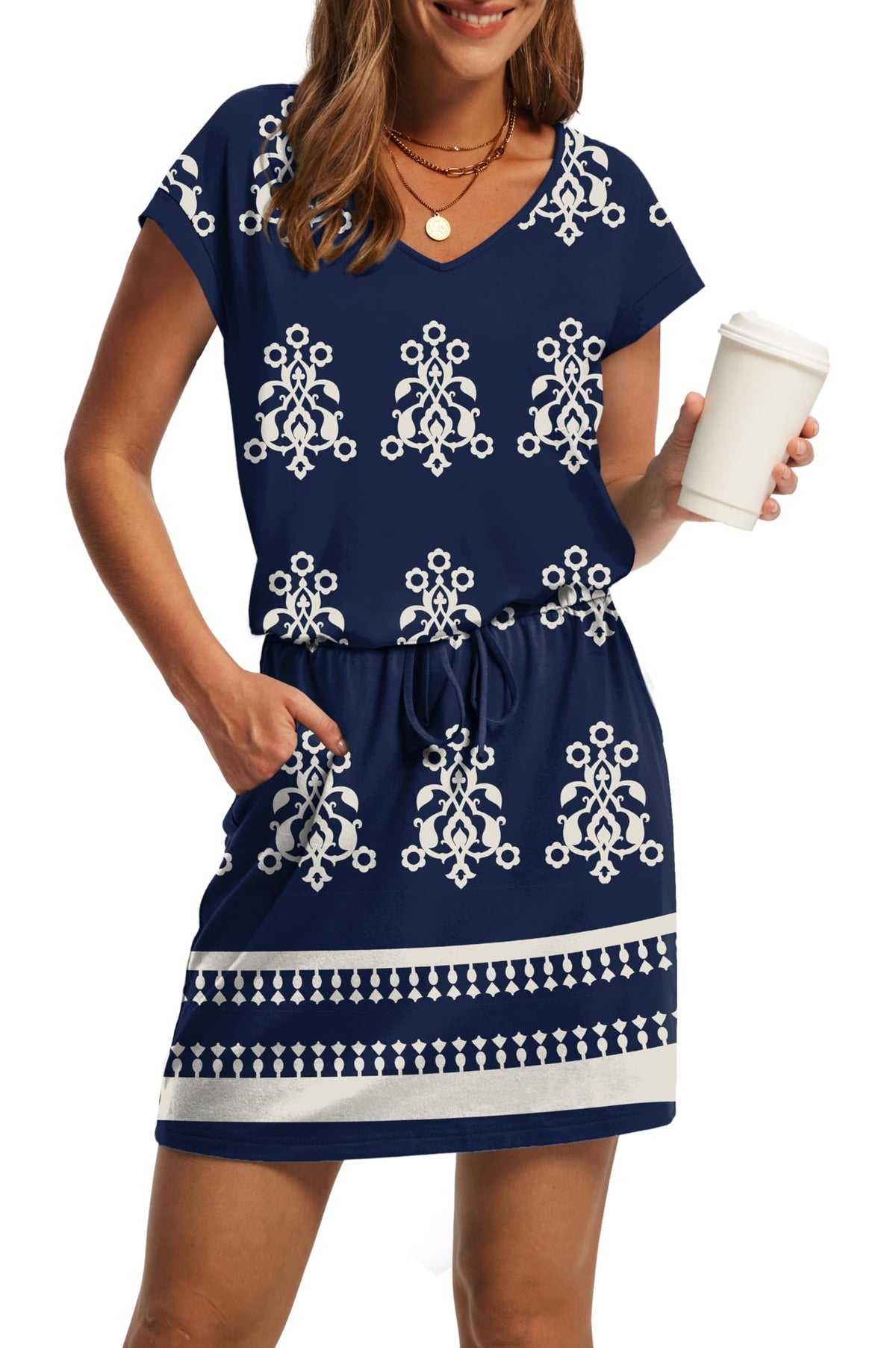 OFEEFAN Summer Dresses for Women 2026 V Neck T Shirt Casual Mini Dresses Tie Waist Sundresses with Pockets