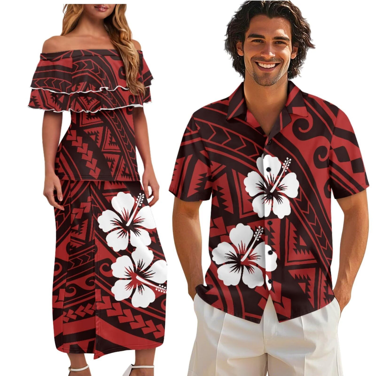 Polynesian Couples Matching Outfits Short Sleeve Puletsai Samoan Traditional Dress & Man Shirts