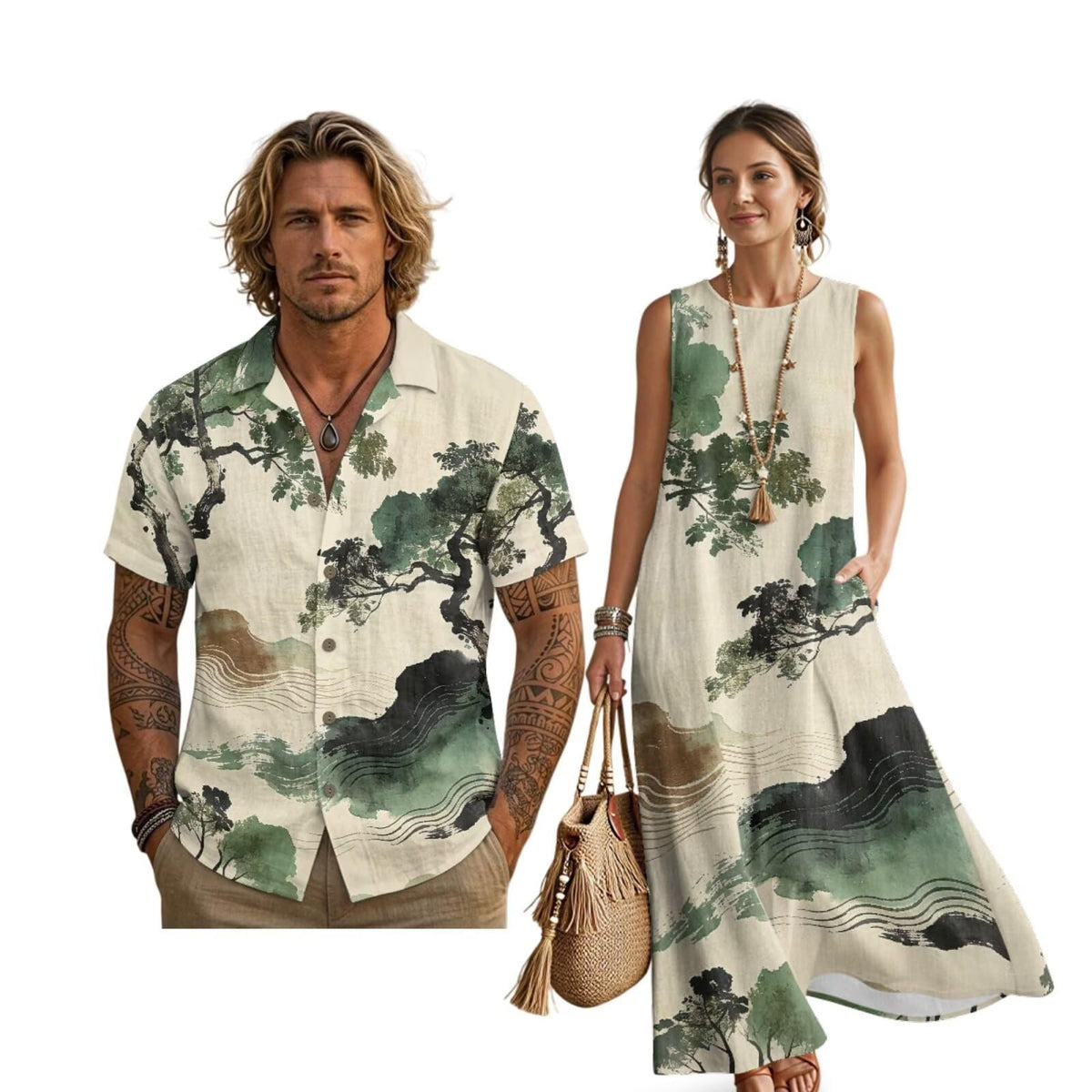 Women's Summer Dresses Sleeveless Sundresses, Men's Button Down Short Sleeve Shirts, Linen Couple Matching Outfits