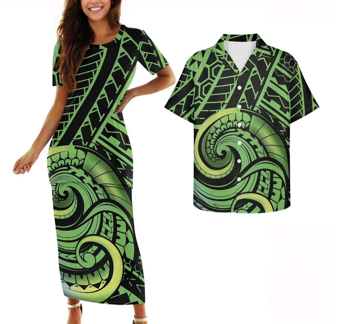 Samoa Couple Outfit Polynesian Dress for Women Traditional Puletasi Shirts for Men Beach Lava Lava Luau