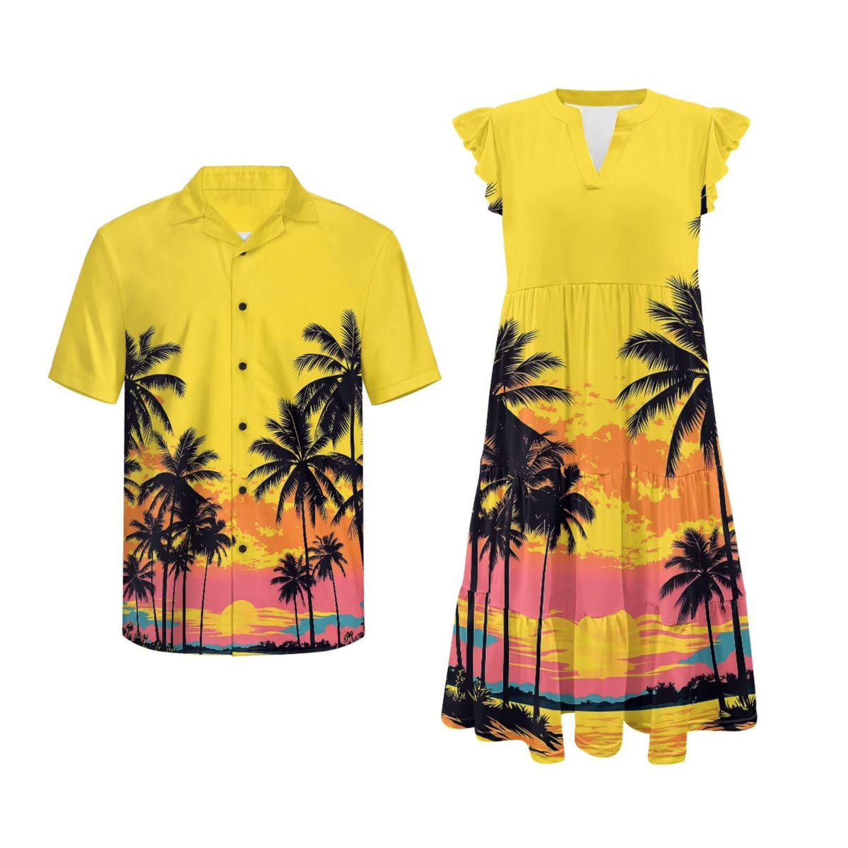 His and Hers Matching Hawaiian Outfits Mens Button Down Shirt Flowy Tiered Midi Dress