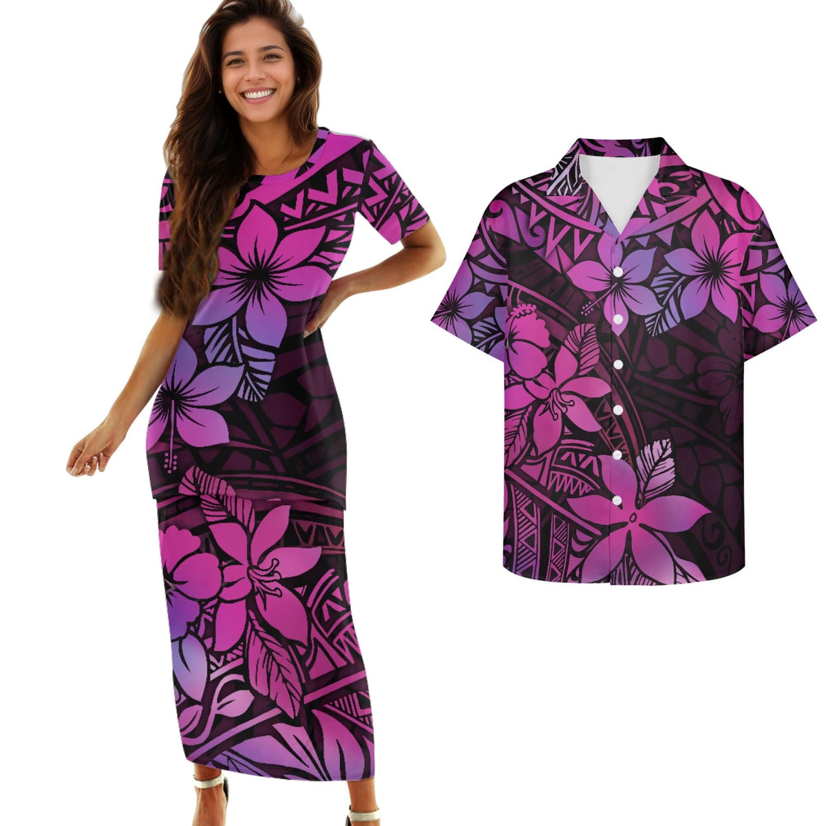 Samoa Couple Outfit Polynesian Dress for Women Traditional Puletasi Shirts for Men Beach Lava Lava Luau